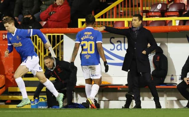 Alfredo Morelos comes off for Cedric Itten who has returned from loan during the Cinch Premiership match between Aberdeen and Rangers at Pittodrie. (Photo by Craig Williamson / SNS Group)