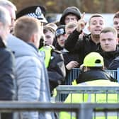 Rangers fans gather outside McDiarmid Park as the team leave the stadium following the 2-1 defeat to St Johnstone. (Photo by Ross MacDonald / SNS Group)