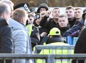 Rangers fans gather outside McDiarmid Park as the team leave the stadium following the 2-1 defeat to St Johnstone. (Photo by Ross MacDonald / SNS Group)