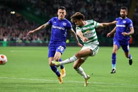 Celtic's Jota has a shot in the first half during a UEFA Europa League group stage match between Celtic and Bayer Leverkusen at Celtic Park, on September 30, 2021, in Glasgow, Scotland. (Photo by Alan Harvey / SNS Group)
