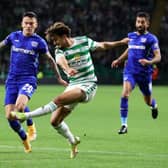Celtic's Jota has a shot in the first half during a UEFA Europa League group stage match between Celtic and Bayer Leverkusen at Celtic Park. (Photo by Alan Harvey / SNS Group)