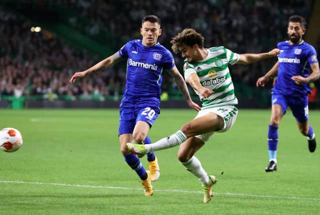 Celtic's Jota has a shot in the first half during a UEFA Europa League group stage match between Celtic and Bayer Leverkusen at Celtic Park. (Photo by Alan Harvey / SNS Group)