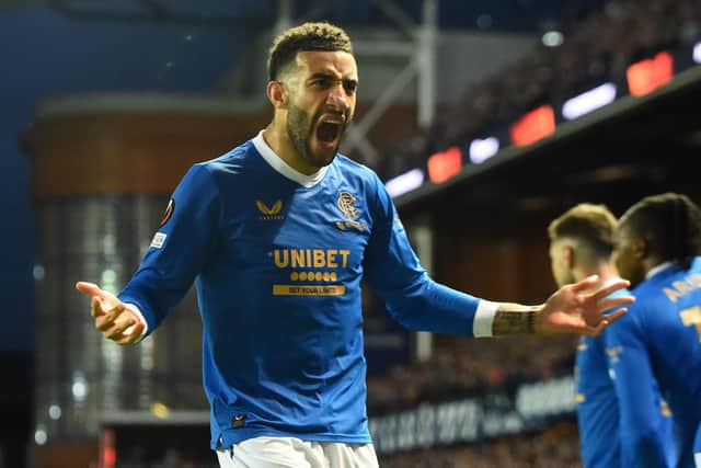 Rangers defender Connor Goldson celebrates during the Europa League quarter-final, second leg victory over Braga at Ibrox. (Photo by ANDY BUCHANAN/AFP via Getty Images)