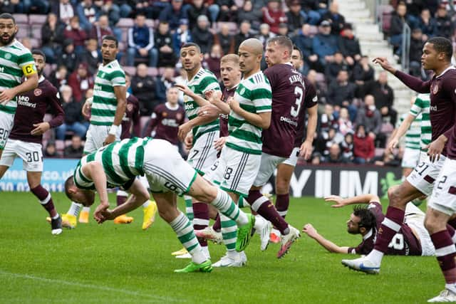 Celtic defender Anthony Ralston stoops to score a disallowed header against Hearts on Saturday (Photo by Alan Harvey / SNS Group)