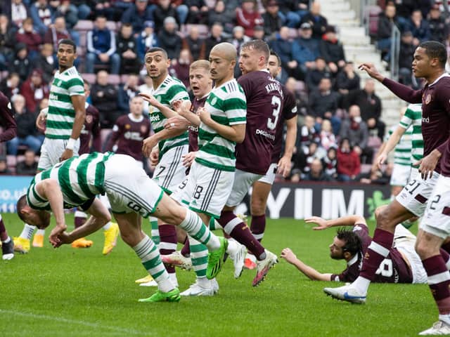 Celtic defender Anthony Ralston stoops to score a disallowed header against Hearts on Saturday (Photo by Alan Harvey / SNS Group)