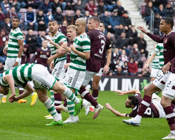 Celtic defender Anthony Ralston stoops to score a disallowed header against Hearts on Saturday (Photo by Alan Harvey / SNS Group)