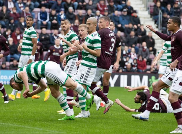 <p>Celtic defender Anthony Ralston stoops to score a disallowed header against Hearts on Saturday (Photo by Alan Harvey / SNS Group)</p>