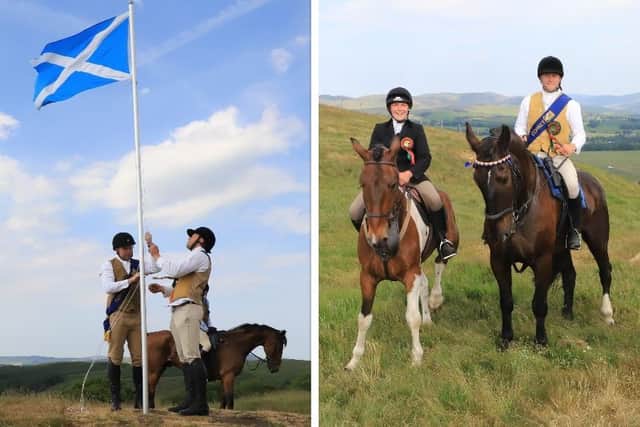 Cornet Euan Sanderson and Cornet Elect Craig McDonald hoisting the flag on Bizzberry; Euan accompanied by his sister Kirsty.