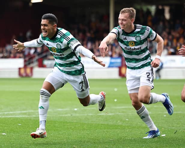 Luis Palma celebrates after scoring Celtic's opener against Motherwell. (Photo by Ross MacDonald / SNS Group)
