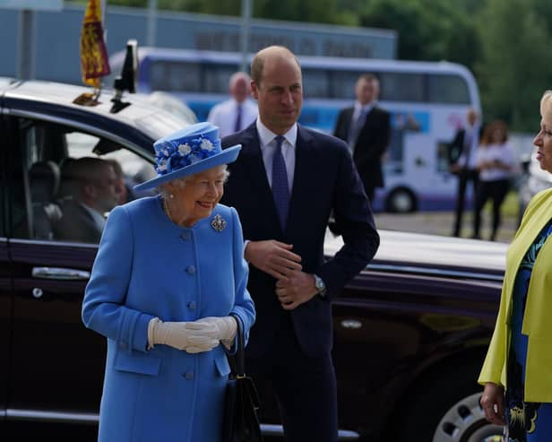 Queen Elizabeth II and the Duke of Cambridge, known as the Earl of Strathearn in Scotland, arrive for a visit to AG Barr's factory in Cumbernauld, where the Irn-Bru drink is manufactured, as part of her traditional trip to Scotland for Holyrood Week. Picture date: Monday June 28, 2021. PA Photo. The visit marks the 95-year-old's first official visit north of the border since the death of her husband, the Duke of Edinburgh. See PA story ROYAL Queen. Photo credit should read: Andrew Milligan/PA Wire