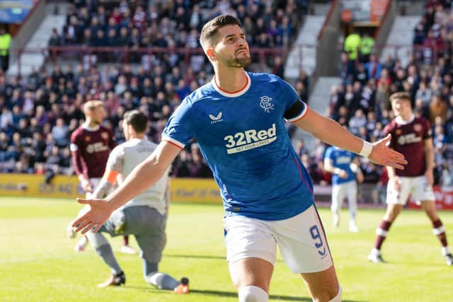 Antonio Colak celebrates after making it 2-0 to Rangers during the first half against Hearts at Tynecastle. Picture: SNS