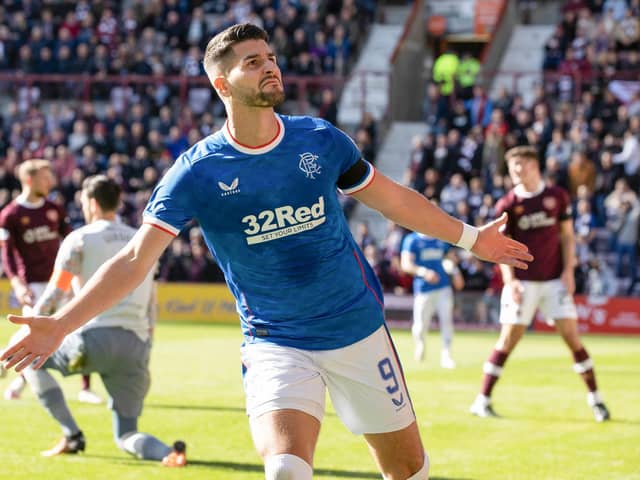 Antonio Colak celebrates after making it 2-0 to Rangers during the first half against Hearts at Tynecastle. Picture: SNS