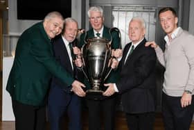 Lisbon Lions (from left) John Hughes, Bobby Lennox, Jim Craig, John Clarke, and Celtic captain Callum McGregor during the 55th Anniversary Lunch to commemorate the club's European Cup victory of 1967. (Photo by Alan Harvey / SNS Group)