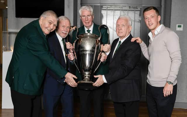 Lisbon Lions (from left) John Hughes, Bobby Lennox, Jim Craig, John Clarke, and Celtic captain Callum McGregor during the 55th Anniversary Lunch to commemorate the club's European Cup victory of 1967. (Photo by Alan Harvey / SNS Group)