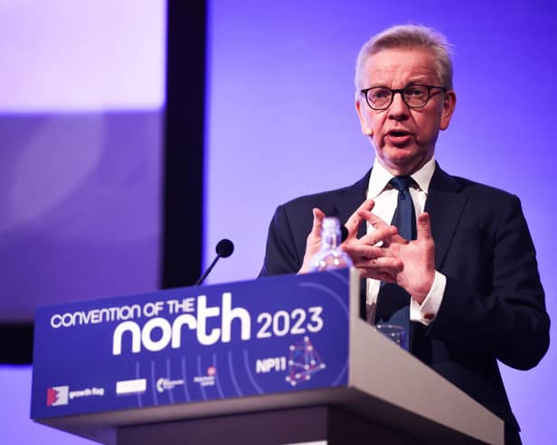 Michael Gove, Secretary of State for Levelling Up, Housing and Communities, speaking at the Convention of the North in Manchester. PIC: James Speakman/PA Wire