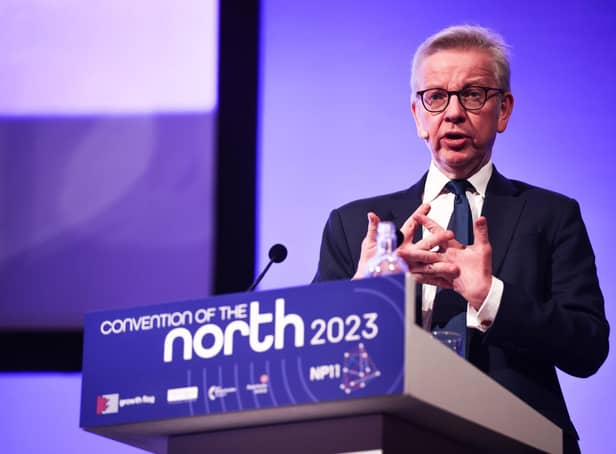 <p>Michael Gove, Secretary of State for Levelling Up, Housing and Communities, speaking at the Convention of the North in Manchester. PIC: James Speakman/PA Wire</p>