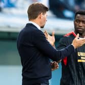 Rangers boss Steven Gerrard acknowledges Fashion Sakaa during Rangers match against Malmo (Photo by Christoffer Borg Mattisson / SNS Group)
