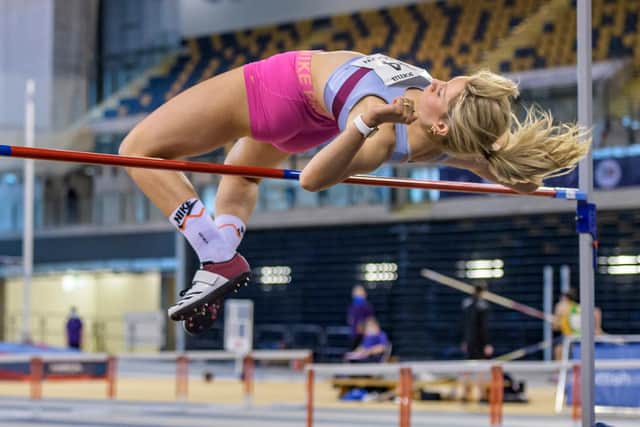 Amy Kennedy clears the high jump bar during her national under-20 pentathlon win (pic: Bobby Gavin)