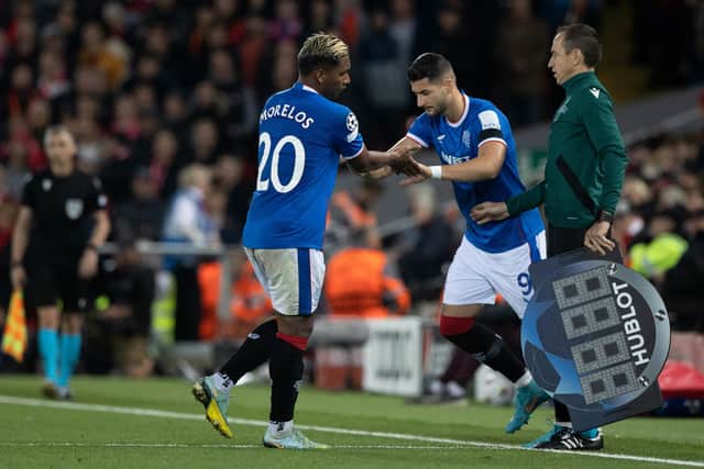 Antonio Colak (R) replaces Alfredo Morelos during Rangers' recent Champions League match against Liverpool at Ibrox. (Photo by Craig Williamson / SNS Group)