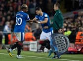 Antonio Colak (R) replaces Alfredo Morelos during Rangers' recent Champions League match against Liverpool at Ibrox. (Photo by Craig Williamson / SNS Group)
