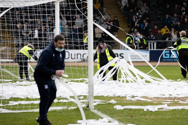 Rangers' fans protest against the Old Firm friendly in Austrialia forcing the match against Dundee at Dens Park to be delayed. (Photo by Alan Harvey / SNS Group)