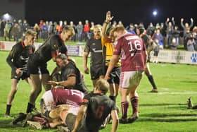 Biggar's Craig Buchurzewski scores what proved to be the match winning try at Gala (Pic by Nigel Pacey)