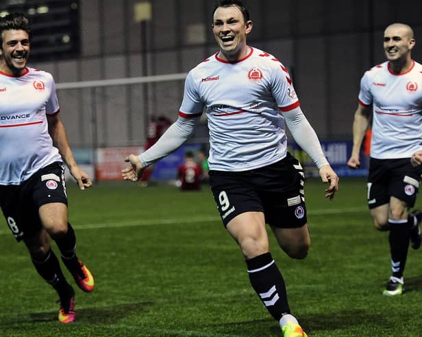 David Gormley celebrates after scoring for Clyde in their 2017 Scottish Cup tie with Ayr United