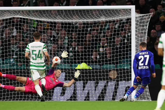 Florian Wirtz fires past Joe Hart during Bayer Leverkusen's 4-0 win at Celtic Park on September 30. (Photo by Alan Harvey / SNS Group)