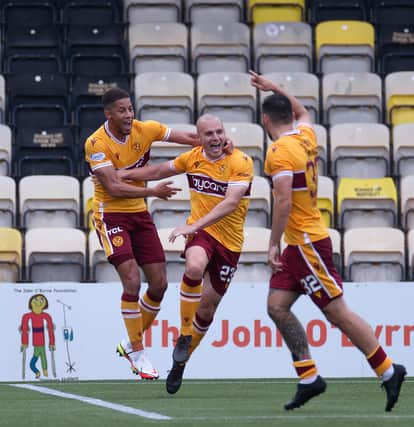 Liam Grimshaw celebrates scoring winner for Motherwell at Livingston last August (Pic by Ian McFadyen)