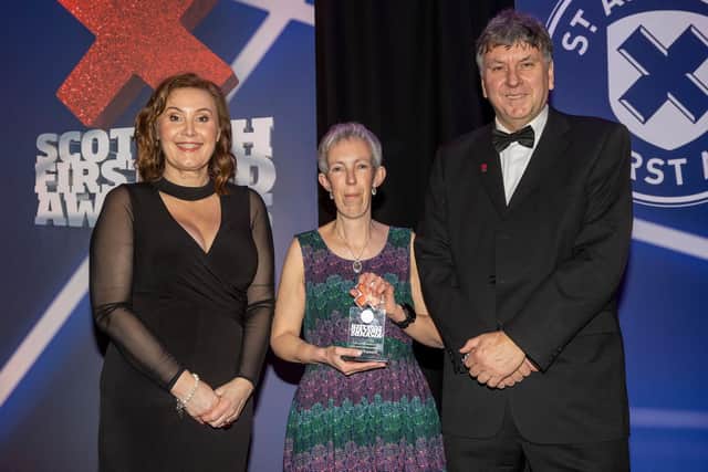 Shona Paton receives the award from host Jane McGarry and St Andrew’s chief executive Stuart Callison