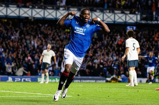 Rangers substitute Rabbi Matondo celebrates after scoring to make it 2-1 against PSV Eindhoven at Ibrox. (Photo by Alan Harvey / SNS Group)