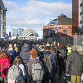 Delegates queue at security the on day three of COP26 on Tuesday in Glasgow. Photo by Christopher Furlong/Getty Images