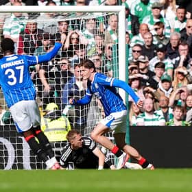Rangers' Ryan Naderi (right) celebrates scoring in victory over Celtic. (Photo by Andrew Milligan/PA Wire)