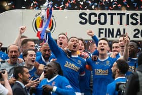 Rangers captain James Tavernier lifts the Scottish Cup after the 2-0 win over Hearts.