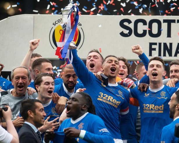 Rangers captain James Tavernier lifts the Scottish Cup after the 2-0 win over Hearts.