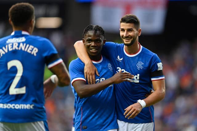 Rangers' Rabbi Matondo (left) celebrates making it 3-0 with Antonio Colak in the friendly win over West Ham United at Ibrox Stadium. (Photo by Rob Casey / SNS Group)