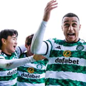 Celtic’s Adam Idah celebrates after scoring to make it 2-1 against Motherwell.