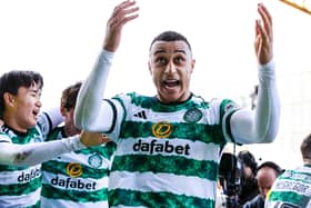Celtic’s Adam Idah celebrates after scoring to make it 2-1 against Motherwell.