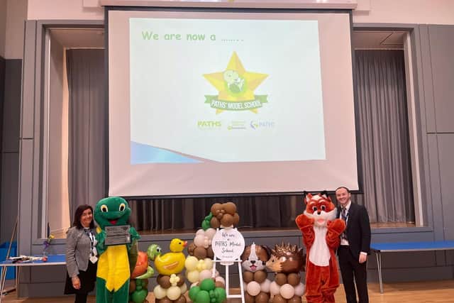 Riverbank Primary; Mrs Whyte, Depute Head Teacher; Mr Tommy Hynes, Headteacher.