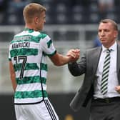 Kyogo Furuhashi scores against Dundee at Celtic Park in August 2021