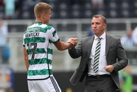 Kyogo Furuhashi scores against Dundee at Celtic Park in August 2021