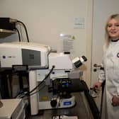 PICTURES COURTESY OF CANCER RESEARCH UK (first use only)

Amy looking at images generated from microscopes in the BAIR.

Amy Callaghan, SNP MP for East Dunbartonshire, is visiting the Cancer Research UK Beatson Institute to see how Glasgow scientists are playing their part in to beat cancer. Amy was diagnosed with skin cancer in 2011 and has been cancer-free since 2014, so her visit is a poignant moment as she gets to see up close the kind of scientific research that saves lives like hers from cancer. 