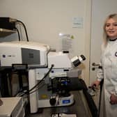 PICTURES COURTESY OF CANCER RESEARCH UK (first use only)

Amy looking at images generated from microscopes in the BAIR.

Amy Callaghan, SNP MP for East Dunbartonshire, is visiting the Cancer Research UK Beatson Institute to see how Glasgow scientists are playing their part in to beat cancer. Amy was diagnosed with skin cancer in 2011 and has been cancer-free since 2014, so her visit is a poignant moment as she gets to see up close the kind of scientific research that saves lives like hers from cancer. 