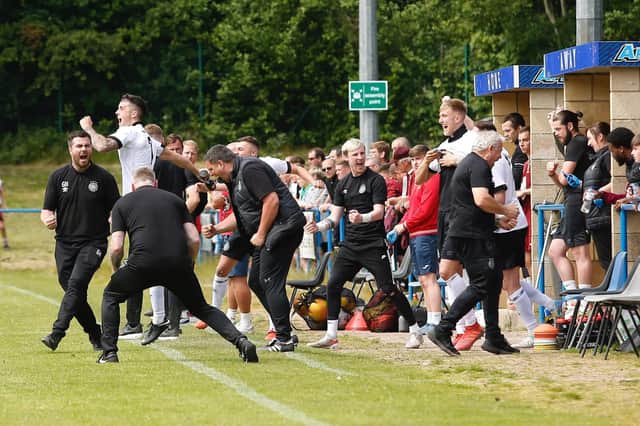 Gordon Herd (1st left) and rest of Linlithgow bench celebrate scoring during Sunday's final (Pic courtesy of Linlithgow Rose)
