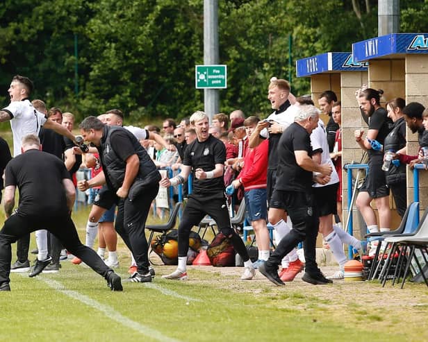 Gordon Herd (1st left) and rest of Linlithgow bench celebrate scoring during Sunday's final (Pic courtesy of Linlithgow Rose)