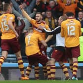 Louis Moult of Motherwell celebrates scoring his second goal during the Betfred League Cup semi-final between Rangers and Motherwell at Hampden Park on October 22, 2017. (Photo by Ian MacNicol/Getty Images)