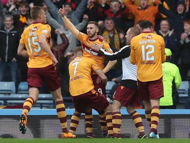 Louis Moult of Motherwell celebrates scoring his second goal during the Betfred League Cup semi-final between Rangers and Motherwell at Hampden Park on October 22, 2017. (Photo by Ian MacNicol/Getty Images)
