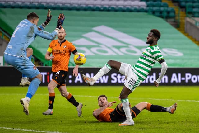 Celtic's Odsonne Edouard sees an effort saved in the 3-0 win over Dundee United that continued the recent  run of successes and clean sheets for Neil Lennon's men and provided things the manager liked and some he didn't ahead of the crucial  derby date with runaway Premiership leaders Rangers. (Photo by Craig Williamson / SNS Group)