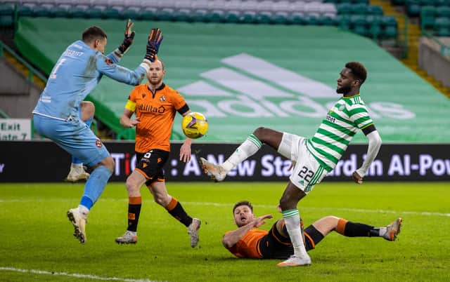 Celtic's Odsonne Edouard sees an effort saved in the 3-0 win over Dundee United that continued the recent  run of successes and clean sheets for Neil Lennon's men and provided things the manager liked and some he didn't ahead of the crucial  derby date with runaway Premiership leaders Rangers. (Photo by Craig Williamson / SNS Group)