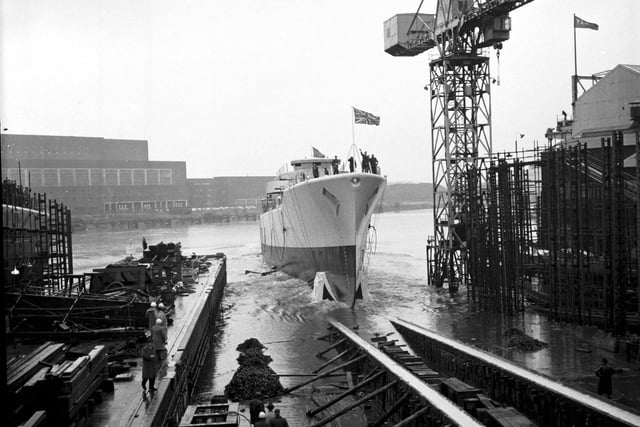 The HMS Achilles takes to the river Clyde after her launch in November 1968.